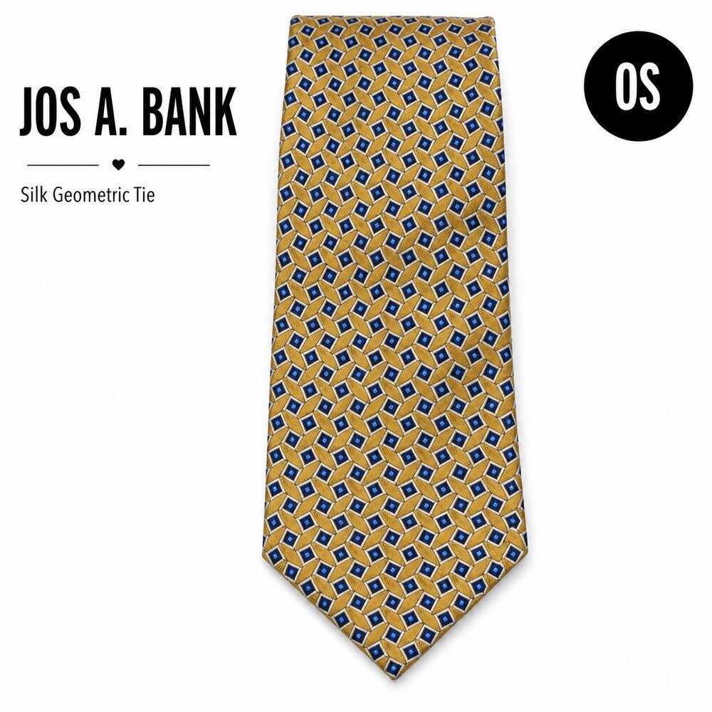 Jos A Bank Silk Tie Gold Blue Geometric Classic Mens Necktie Italy